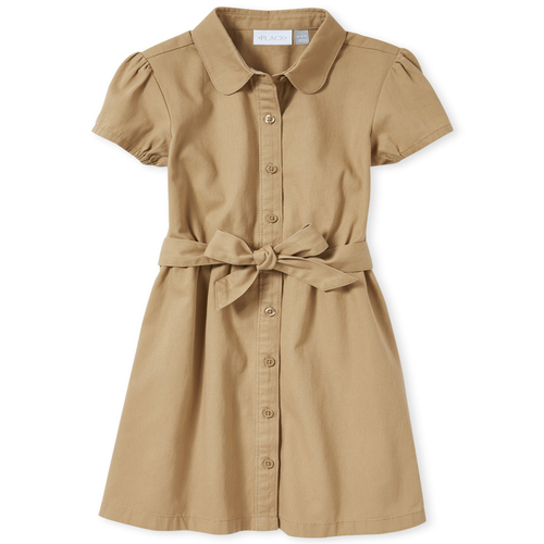 Girls Uniform Short Sleeve Button-Front Belted Woven Safari Dress