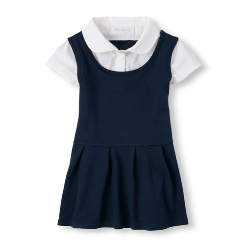 Girls Uniform Short Sleeve Faux-Layered Dress