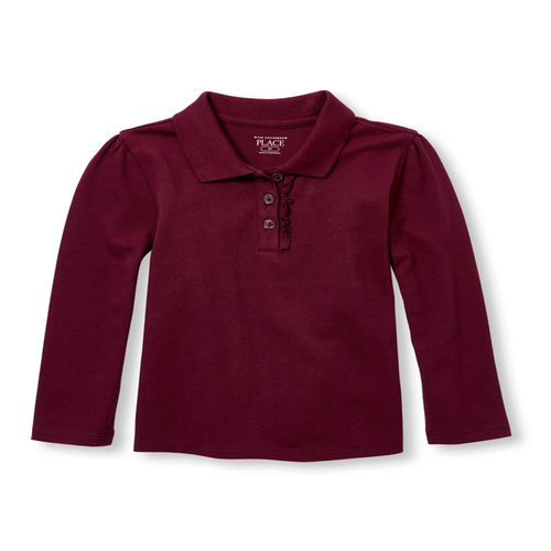 Toddler Girls Uniform Long Sleeve Ruffle Placket Pique Polo
