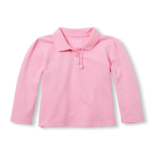 Toddler Girls Uniform Long Sleeve Ruffle Placket Pique Polo