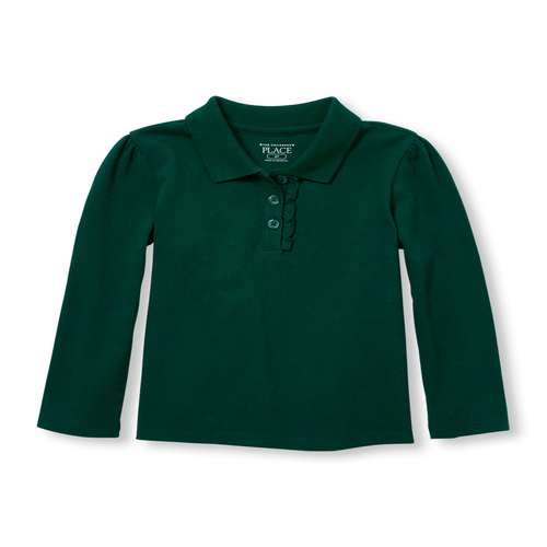 Toddler Girls Uniform Long Sleeve Ruffle Placket Pique Polo