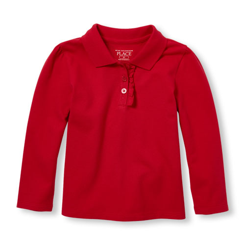 Toddler Girls Uniform Long Sleeve Ruffle Placket Pique Polo