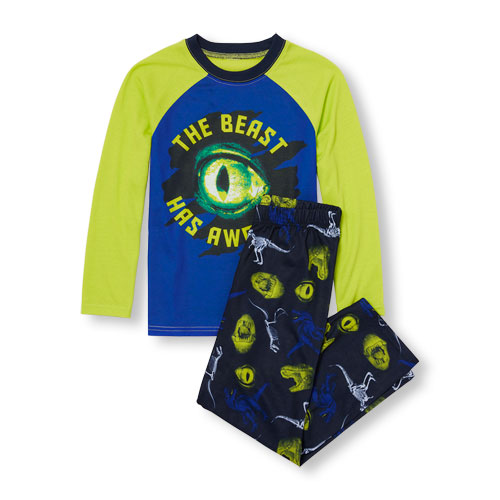 Boys Long Raglan Sleeve 'The Beast Has Awoken' Top And Dinosaur Print Pants PJ Set