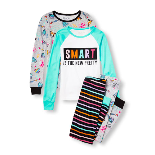 Girls Long Sleeve Smart Top And Pants 4-Piece PJ Set