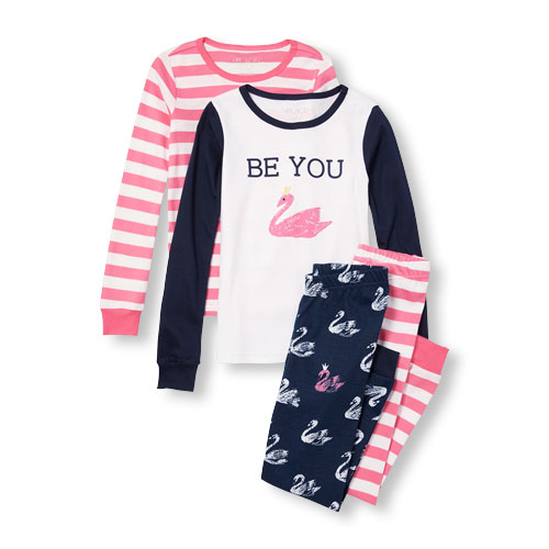 Girls Long Sleeve Flamingo And Striped Top And Pants 4-Piece PJ Set