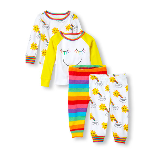Baby And Toddler Girls Long Sleeve 'Daddy's Little Sunshine' Rainbow Print Tops And Pants 4-Piece PJ Set