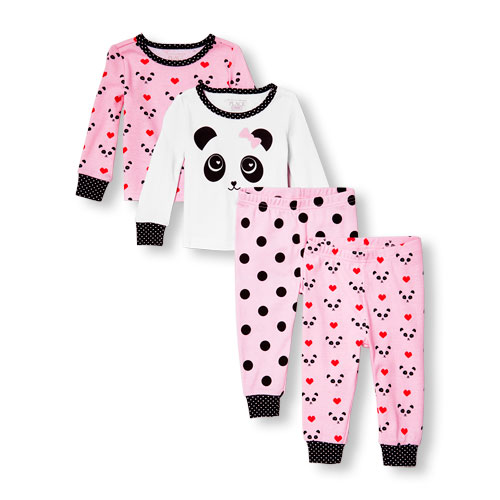 Baby And Toddler Girls Long Sleeve Panda Love Tops And Pants 4-Piece PJ Set