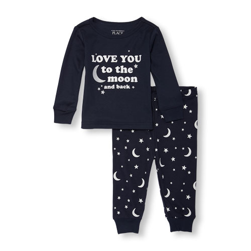 Baby And Toddler Girls Glow-In-The-Dark 'Love You To The Moon And Back' Glitter Top And Printed Pants PJ Set