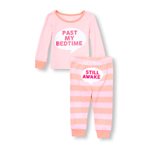 Baby And Toddler Girls Long Sleeve 'Past My Bedtime' Speech Bubble Top And Stripe Pants PJ Set