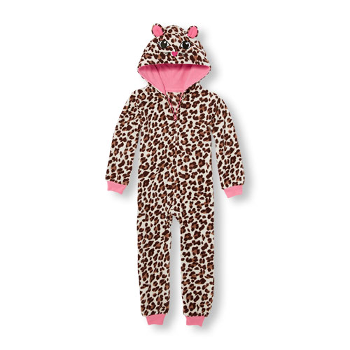Girls Long Sleeve Leopard Hooded One-Piece Sleeper