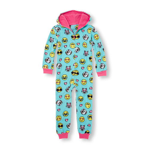 Girls Long Sleeve Emoji Print Hooded One-Piece Sleeper