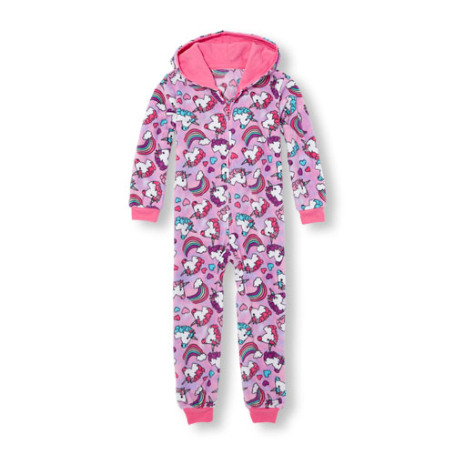 Girls Long Sleeve Unicorn And Rainbow Print Hooded One-Piece Sleeper