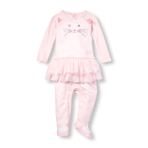 Baby Girls Layette Long Sleeve Embroidered Cat Tutu Footed Coverall