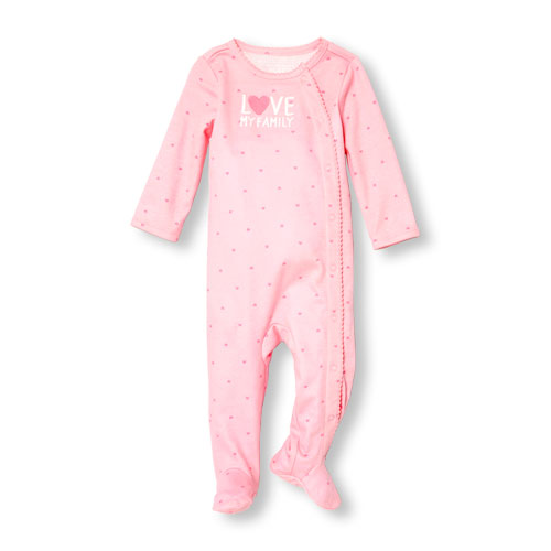Baby Girls Layette Long Sleeve Embroidered 'Love My Family' Heart Print Sleep And Play