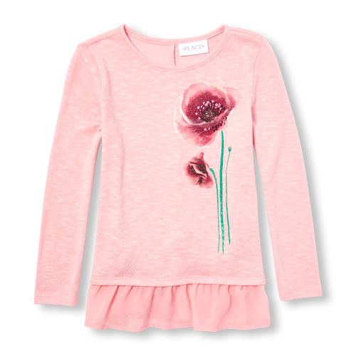 Girls Long Sleeve Embellished Graphic Peplum Hem Sweater-Knit Top