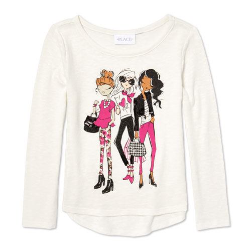 Girls Long Sleeve Embellished Graphic Sweater-Knit Top