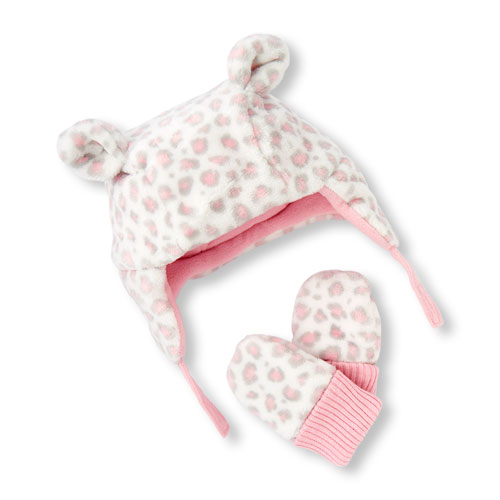 Baby Girls Leopard Print Hat And Mittens Set