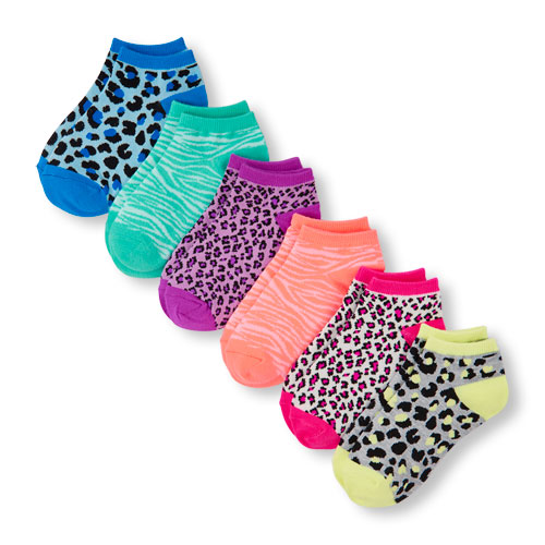 Girls Leopard And Zebra Print Ankle Socks 6-Pack