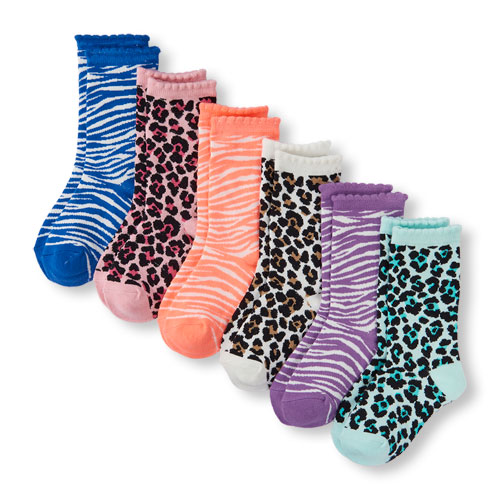 Girls Animal Print Crew Socks 6-Pack