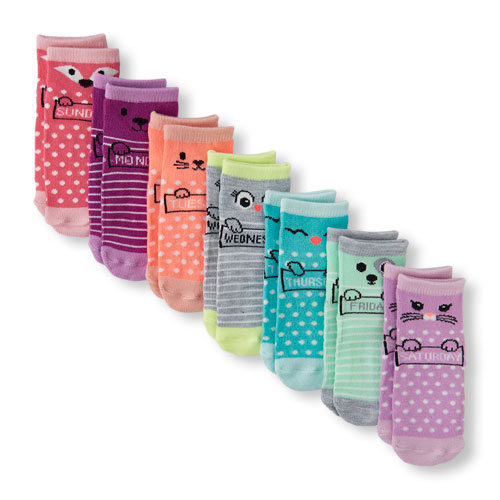 Toddler Girls Stripe And Dot Print Days-Of-The-Week Critter Socks 7-Pack