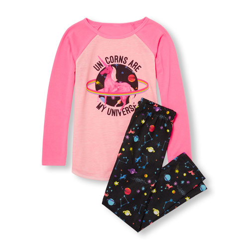 Girls Long Raglan Sleeve 'Unicorns Are My Universe' Top And Unicorn Universe Print Pants PJ Set