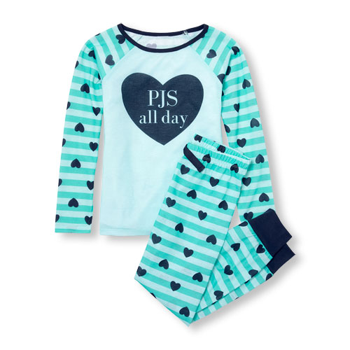 Girls Long Printed Raglan Sleeve Glitter 'PJs All Day' Top And Striped And Heart Print Pants PJ Set