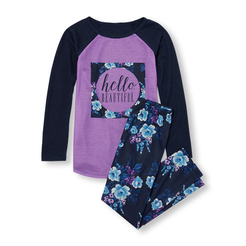 Girls Long Raglan Sleeve 'Hello Beautiful' Top And Floral Print Pants PJ Set