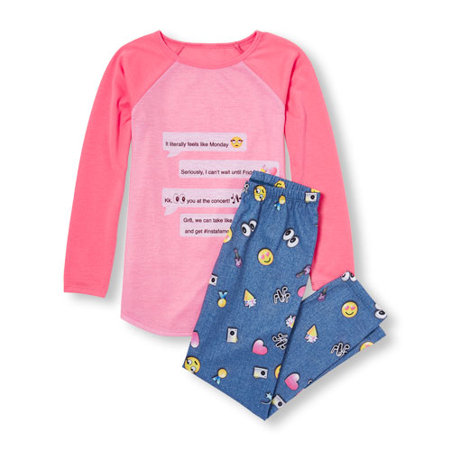 Girls Long Raglan Sleeve Text Convo Top And Emoji Jean Print Pants PJ Set