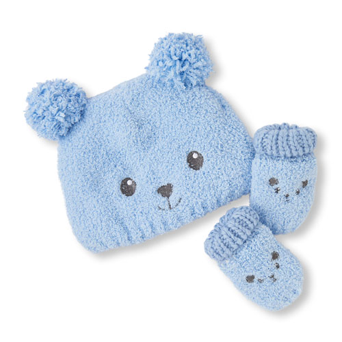 Baby Boys Bear Pom Pom Hat And Mittens Set
