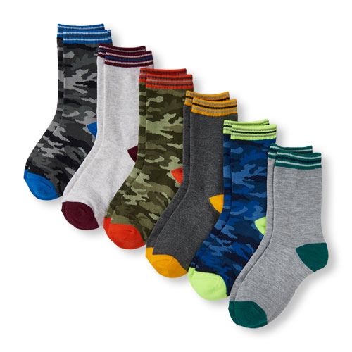Boys Camo And Solid Crew Socks 6-Pack