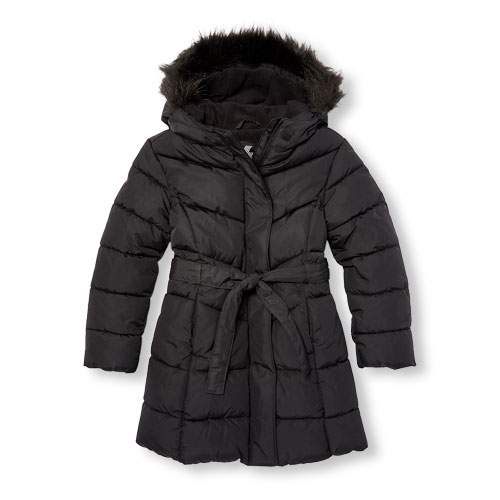 Girls Long Sleeve Solid Faux Fur Hooded Long Lightweight Puffer Jacket