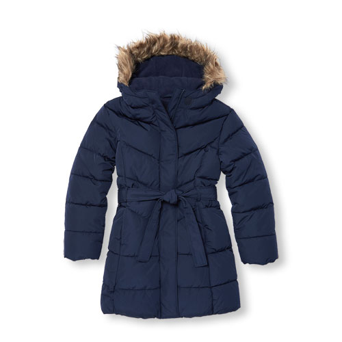 Girls Long Sleeve Solid Faux Fur Hooded Long Lightweight Puffer Jacket