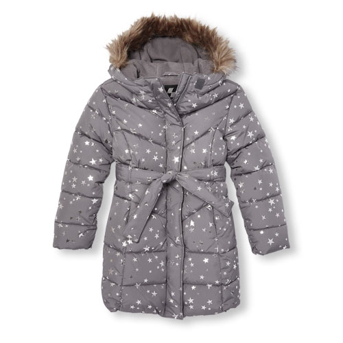 Girls Long Sleeve Foil Star Print Faux Fur Hooded Lightweight Puffer Jacket