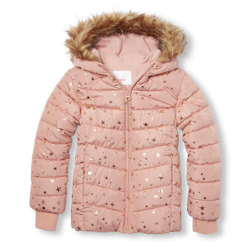 Girls Long Sleeve Foil Star Print Faux Fur Hooded Lightweight Puffer Jacket
