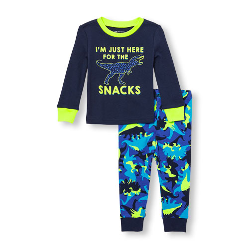 Baby And Toddler Boys Long Sleeve 'I'm Just Here For The Snacks' Top And Dino Print Pants PJ Set