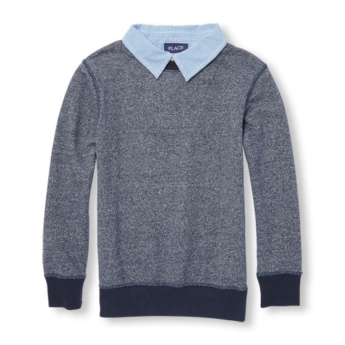 Boys Long Sleeve Faux-Layered Button-Down Sweatshirt