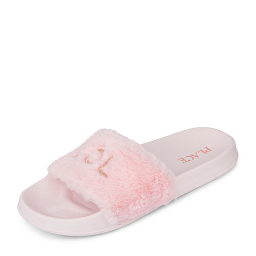 Girls Embroidered Faux Fur Slide Slipper
