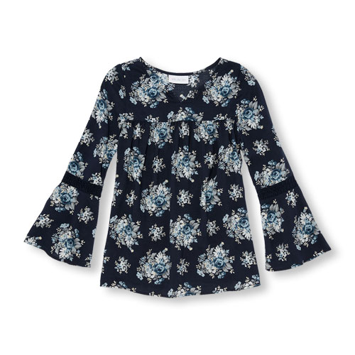 Girls Long Bell Sleeve Bouquet Print Woven Tunic
