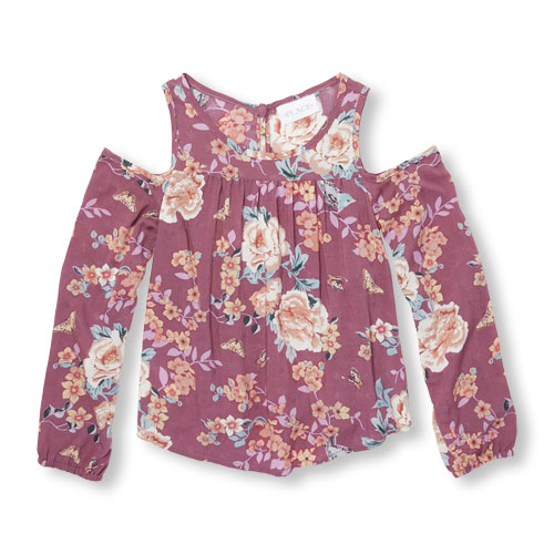 Girls Long Sleeve Floral Print Cold-Shoulder Top