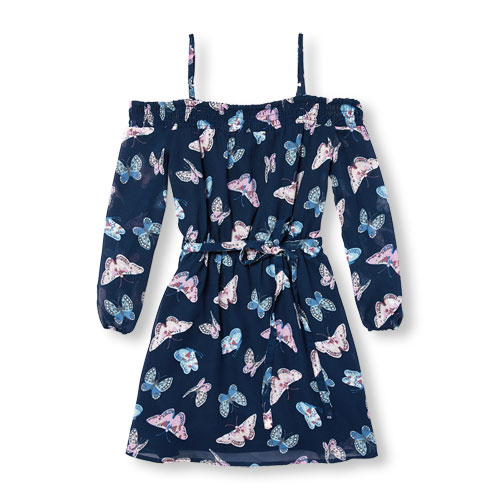 Girls Long Sleeve Butterfly Print Woven Off-The-Shoulder Dress