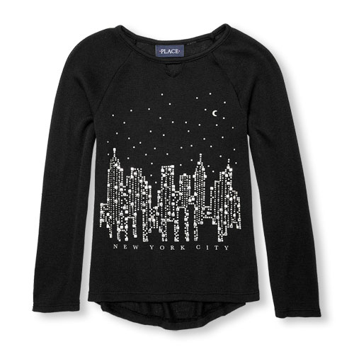 Girls Long Sleeve Embellished Graphic Lightweight Sweater-Knit Top