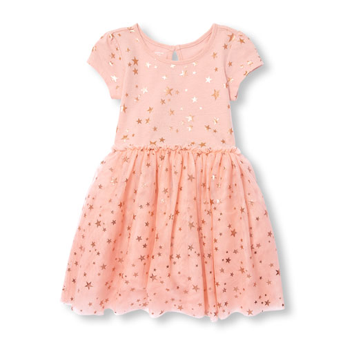 Toddler Girls Short Sleeve Foil Star Print Tutu Dress