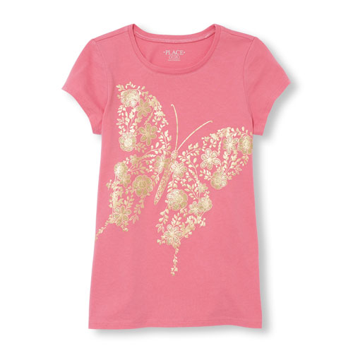 Girls Short Sleeve Glitter Butterfly Graphic Tee