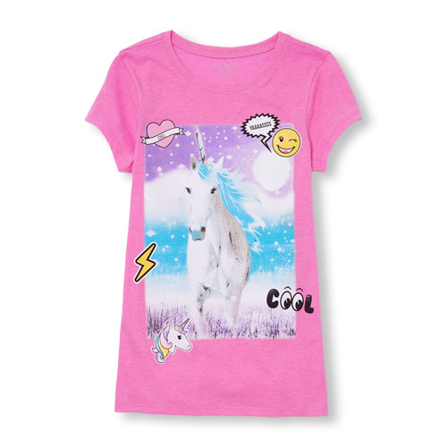 Girls Short Sleeve Unicorn Patch Neon Graphic Tee