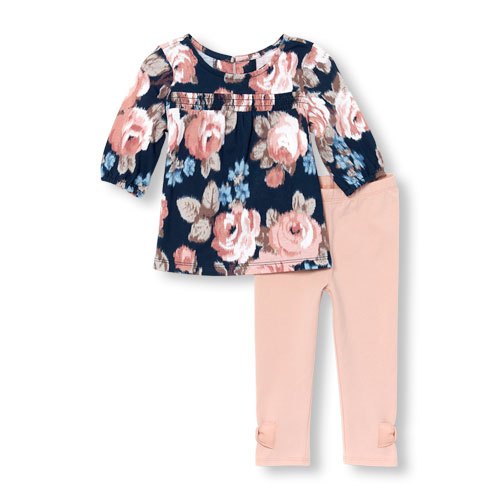 Toddler Girls Long Sleeve Floral Print Top And Bow Leggings Set