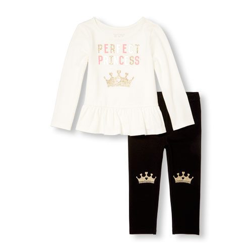 Toddler Girls Long Sleeve Glitter 'Perfect Princess' Top And Glitter Crown Leggings Set