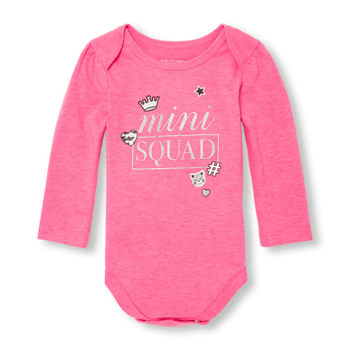 Baby Girls Long Sleeve Glitter 'Mini Squad' Graphic Bodysuit