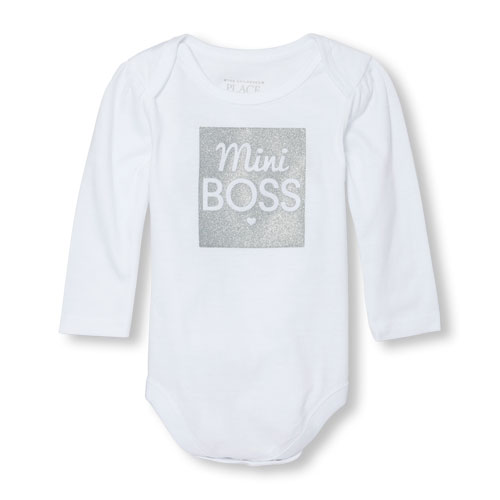 Baby Girls Long Sleeve Glitter 'Mini Boss' Graphic Bodysuit