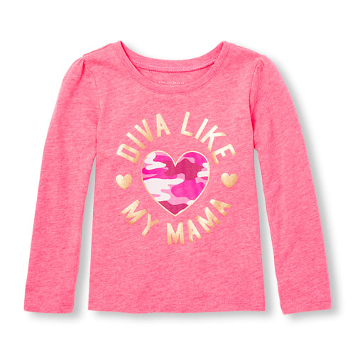 Toddler Girls Long Sleeve 'Diva Like My Mama' Camo Heart Neon Graphic Tee
