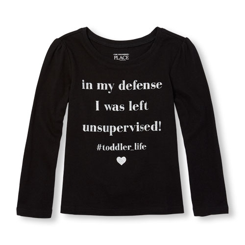 Toddler Girls Long Sleeve Glitter 'In My Defense I Was Left Unsupervised' Graphic Tee